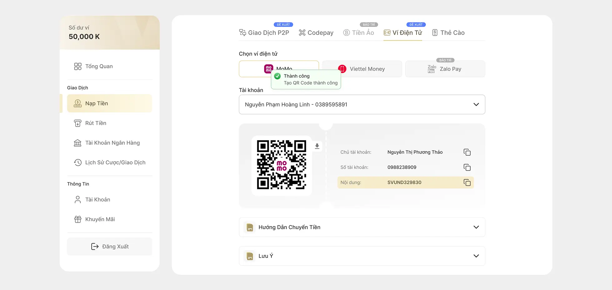 Nạp tiền qua ví điện tử - step 1